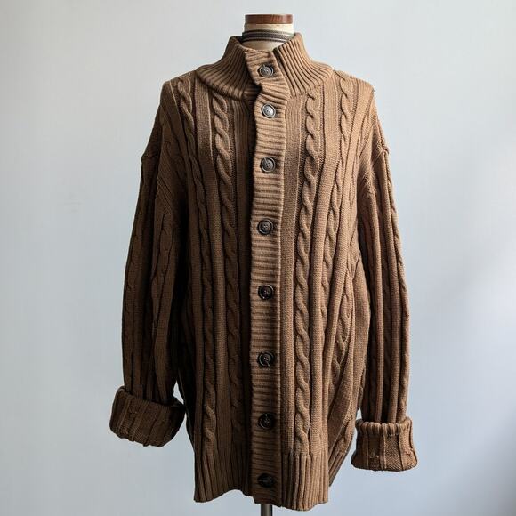 Vintage Brown Cable Knit Cardigan Chunky Grandpa Cosby Sweater Minimalist XL - Picture 7 of 10